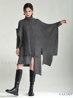 Lasaky - Stylish Knit Dress Set with Irregular Split and Loose Cape Outerwear Shawl Sweater, Winter Typ, Knitted Cape, Sweater Dresses, Cape Coat, Dress Set, Cozy Knits, Batwing Sleeve, Piece Dress