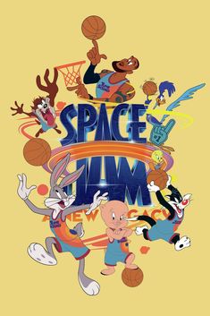 an advertisement for the space jam new york basketball game, featuring cartoon characters in various poses