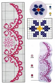 three cross stitch designs, one with flowers and the other with hearts on it's side