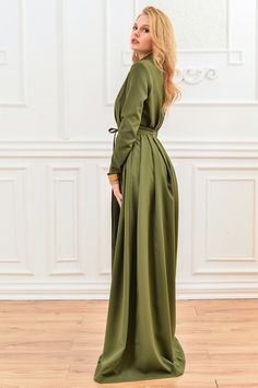 "Women Maxi Dress, Olive Green Dress, Shirt Dress ➤ Features > Dress length 150cm (59,05\") > Long Sleeves > Separated belt > Pleated skirt part > Floor length > Collar dress > Lining ➤ Sizing My Size Guide in FAQ section below will help you define the perfect size match. The item can also be made according to your measurements - just message them to me. ➤ Delivery Your item is made-to-order and will be ready within 2-7 days. Average delivery times: > North America: up to Sleeve Dress Formal, Green Outfits For Women, Olive Green Outfit, Olive Green Shirt Dress, Shirt Dress Long Sleeve, Shirt Dress Long, Dress Olive Green, Dress Shirt Dress, Olive Green Dress