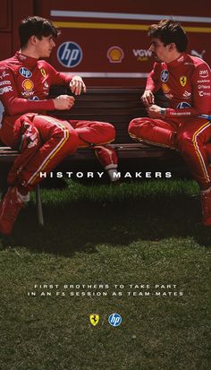 two men in red racing suits sitting on a bench