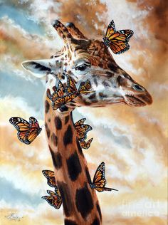 a painting of a giraffe with many butterflies on it's head and neck