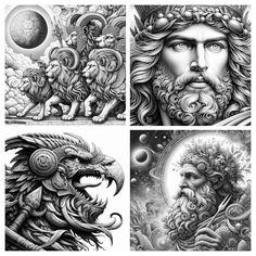 four different images of the same man with beards and other things in his hands