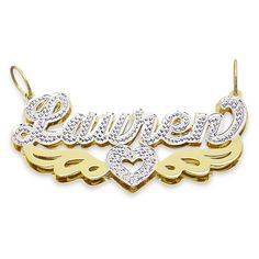 *Personalized 14K Solid Gold Name Pendant 3D Double Plates Charm, fancy script unique font design, capitalized first letter and iced out in white tone Rhodium hand carved diamond accent and two wings finished in high-polished. *Average Name Pendant Dimension: 1 3/4 Inch (45 mm) X 3/4 Inch (19 mm) Approx. *Up to 9 Letters - Only first letter capitalized. *Thickness Top: 0.7 mm / 22 Gauge / 0.028" Approx. *Thickness Bottom: 0.40 mm / 26 Gauges / 0.018" Approx.  *This solid gold 3D name pendant cut Anniversary 14k Gold White Name Necklace, 14k Gold White Name Necklace For Anniversary, White 14k Gold Name Necklace For Anniversary, Customizable White Nameplate Necklace, Personalized 14k Gold White Name Necklace, Personalized White 14k Gold Name Necklace, White 14k Gold Nameplate Necklace, 14k Gold Name Necklace In White, White 14k Gold Name Necklace