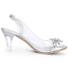 A pair of elegant, clear slingback style sandals with flower rhinestones feature a comfortable cushioned insole that snuggles your feet to provide comfort with every step. These sandals are playful and reflect an extravagant look. Easy to be paired with jeans or dresses for a casual look. It's beautiful and elegant and perfect for office, interview, party, casual, Christmas Day, dating, and evening. Clear Slingback Heels For Formal Occasions, Clear Open Toe Sandals For Wedding, Clear Sandals For Spring Wedding, Elegant Closed Toe Clear Sandals, Elegant Clear Closed Toe Sandals, Elegant Clear Sandals For Wedding, Clear Open Toe Heels For Wedding, Clear High Heel Sandals For Wedding, Elegant Sandals With Clear Strap