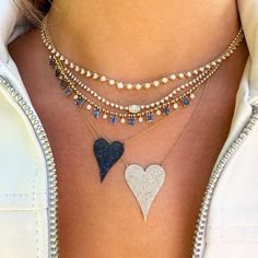 Extra Large Pave Diamond Heart Necklace 14K Yellow Gold 1.07" Length X .78" Width Sapphire Heart Necklace, Pave Heart Necklace, Triple Layer Necklace, Diamond Heart Necklace, Aqua Earrings, Diamond Huggie Earrings, Sapphire And Diamond Earrings, Charm Choker Necklace, Hope Necklace