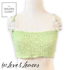 Nwt For Love & Lemons Mirabel Sleeveless Crochet Bra Top, S. New Condition With Tags. You Will Not This Anywhere Else! This Is A Sample And I Do Not Think This Was Ever Mass-Produced. Pricing Is Based On Fl&L Retail Pricing Of A Similar Crop Top Available On Their Website. Faux Mohair Crop Top With Delicate Crochet Diamond Pattern And Clear Daisy Ring Straps. + Color: Light Green + Style: Mirabel Sleeveless Bra Top (Sample) + Other Details: Fuzzy, Soft, Delicate. Clear, Acrylic Daisy Ring Strap Crochet Diamond Pattern, Crochet Diamond, Crochet Bra Top, Lemon Top, Delicate Crochet, Crochet Bra, Daisy Ring, Green Style, For Love & Lemons