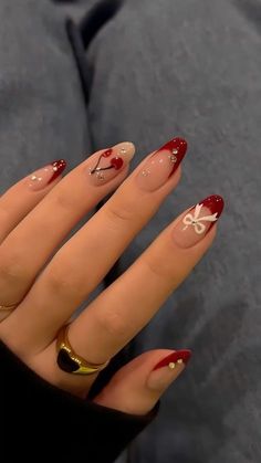 Almond Nail Red Design, Red Floral French Tip Nails, Cute Red Nails For Homecoming, Red Nail Art Designs Aesthetic, Aura Nails With Cherries, Cherry Almond Nails Designs, Red And White Nail Inspo Acrylic, Simple Valentines Day Nails Medium Length, Almond Nails Valentines Day Red