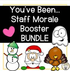 a sign that says you've been staff morse booster bundle with three cartoon characters