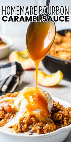 homemade bourbon caramel sauce being drizzled over baked goods in a bowl