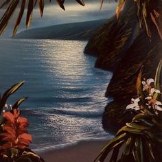 a painting of the ocean with flowers and palm trees on it's side,