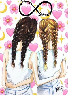 two girls with braids standing next to each other in front of hearts and stars