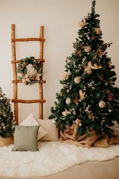 three small christmas trees sitting next to each other on top of a white rug in front of a wooden ladder