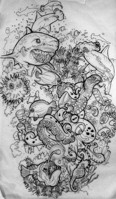 a black and white drawing of some fish in the ocean with other things around it