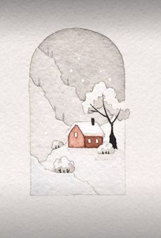 a drawing of a house in the snow with a tree on it's side