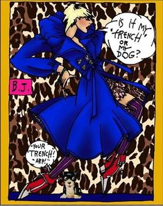 a drawing of a woman in a blue coat and leopard print dress with her cat