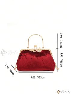 Bird in Bag - Premium Red Plush Metal Handle Clutch Bag – Ideal for Daily & Evening Use, Exquisite Floral Rhinestone Embellishments, Versatile Shoulder & Crossbody Bag for Shopping and Social Gatherings, Ample Space for Cellphone, Wallet, Keys, and Cosmetics Chain Pattern, Rhinestone Embellishments, Social Gathering, Diy Supplies, Bird In Bag, Bag Bag, Square Bag, Polyester Material, Clutch Bag