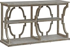 a wooden shelf with two shelves on each side and an arched design at the top