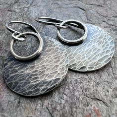 Hand Forged Sterling Silver Drop Earrings, Sterling Silver Hammered Round Earrings, Hammered Sterling Silver Round Earrings, Artisan Sterling Silver Round Earrings, Hammered Sterling Silver Round Disc Earrings, Artisan Round Sterling Silver Earrings, Silver Hammered Circle Earrings, Unique Everyday Hammered Earrings, Sterling Silver Circle Earrings With Oxidized Finish