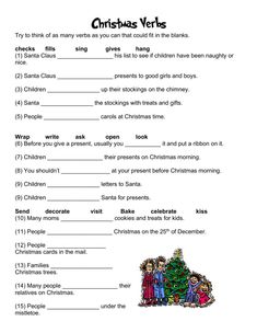 christmas verbs worksheet for kids with pictures and words on the front page