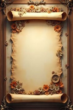 an old paper with flowers and scrolls hanging on the wall in front of a wooden frame