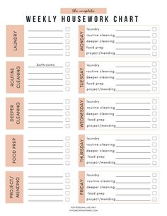 the printable weekly housework checklist is shown in pink and white with orange accents