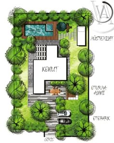 a plan for a small backyard with a swimming pool and decking area, surrounded by trees