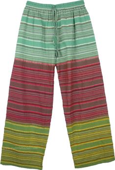 Three Color Bohemian Pajama Pants - These colorful unisex pants are made from cotton seersucker which is a naturally breathable fabric. The beautiful yarn-dyed pattern is soft and the colors are bright. You will feel comfortable and free in these light, loose, sweat pants and the elastic waist allow for a great fit on almost any figure. These pants are very chic, boho, and so liberal with their striped design and three ranges of color and they are unisex. You can wear it with any t-shirt or top. Summer Cotton Harem Pants With Relaxed Fit, Relaxed Fit Cotton Harem Pants For Vacation, Spring Beach Green Harem Pants, Vacation Striped Cotton Pants, Striped Cotton Pants For Vacation, Green Cotton Harem Pants For Loungewear, Green Cotton Vacation Pants, Green Cotton Harem Pants For Vacation, Multicolor Cotton Pants For Summer