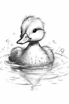 a black and white drawing of a duckling in the water with bubbles on it's head