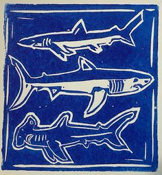 an image of three sharks in blue and white