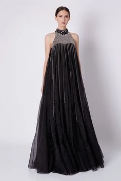 Shop for Masumi Mewawalla Black Organza Halter Gown for Women Online at Aza Fashions Organza Frocks, Womens Evening Gowns, Flowy Gown, Gown For Women, Pink Peacock, Halter Gown, Ladies Gown, Trapeze Dress, Embroidered Neckline