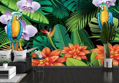 a living room filled with furniture and wallpaper covered in tropical flowers, plants and birds