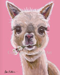 a painting of an alpaca with flowers in its mouth