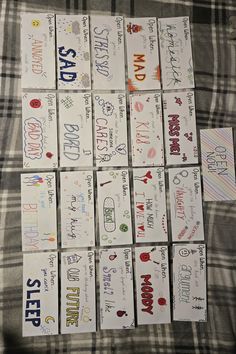 many cards are laid out on a blanket