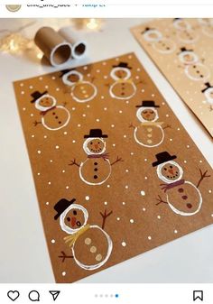 two christmas cards with snowmen on them, one is brown and the other is white