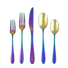 five forks, two spoons and one knife are shown in purple and blue hues