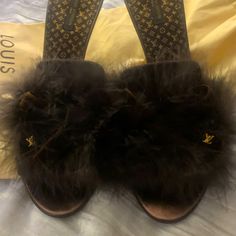 Never Worn Luis Vuitton Heels W Fur . Gold Wrapped Around Heel. Look Better In Person . Vey Elegant Look. Designer Brown Slip-on Heels, Designer Slip-on Heels With Padded Heel, Wrap Around Heels, Gold Wrap, Louis Vuitton Brown, Louis Vuitton Shoes, Brown Gold, Louis Vuitton, Women Shoes