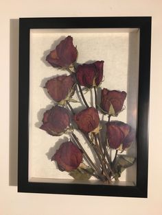 some red roses are in a black frame