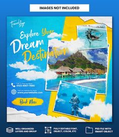 an advertisement for a travel company with pictures of people on the beach and mountains in the background