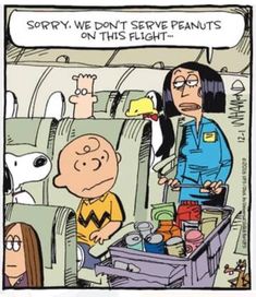 a cartoon depicting a woman on an airplane talking to a man who is sitting in the seat