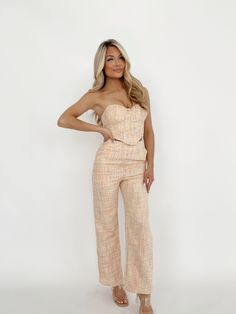 QP8738 pink high waisted pants Endless Blu Elegant Slim Fit Pants For Brunch, Chic High-waisted Pants For Brunch, Chic Wide Leg Pants For Brunch, Pastel Fabric, Tweed Pants, Couture Pants, Brunch Date, Leg Design, Boss Babe