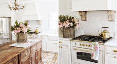 two pictures of a kitchen with white cabinets and flowers in vases on the stove