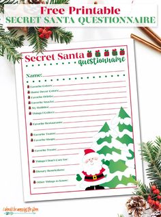 a printable secret santa question card with christmas tree and pine cones in the background