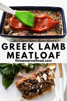 greek lamb meatloaf with tomato sauce and feta cheese on top, served in a casserole dish