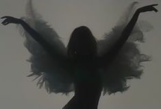 the silhouette of a woman with her arms spread out in front of an object that looks like feathers