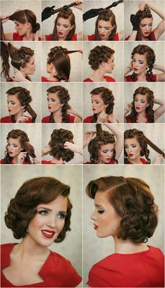 Dica de Penteado Vintage 1# Cabelo Pin Up, Retro Hairstyles Tutorial, 1930s Hair, Sanggul Modern, Vintage Hairstyles Tutorial, 50s Hairstyles, Easy Updo Hairstyles, Pin Up Hair, Hair And Beauty