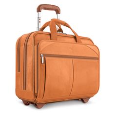 an orange suitcase with wheels and handles