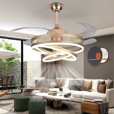 a living room filled with lots of furniture and an artistic ceiling light hanging from the ceiling