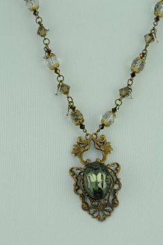 Ornate Vintage Crystal Necklace with Antique by MonforteJewelry, $200.00 Grunge Jewelry Necklaces Crystal, Vintage Necklace Aesthetic, Vintage Necklace Antiques, Grunge Necklace, Grunge Jewelry, Vintage Pendant Necklace, Indie Jewelry, Smokey Topaz, Topaz Pendant