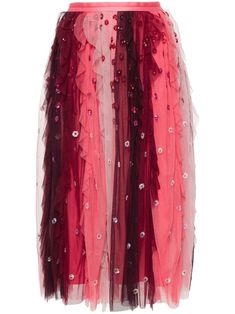 pink/multicolour chiffon tulle panels ruffled detailing vertical stripe pattern sequin embellishment full lining tiered skirt concealed rear hook and zip fastening Tulle Maxi Skirt, Sequin Embellishment, Tulle Midi Skirt, Wedding Guest Looks, Versace Outfit, City Dress, Needle Thread, Pleated Midi Skirt, Modern Bride